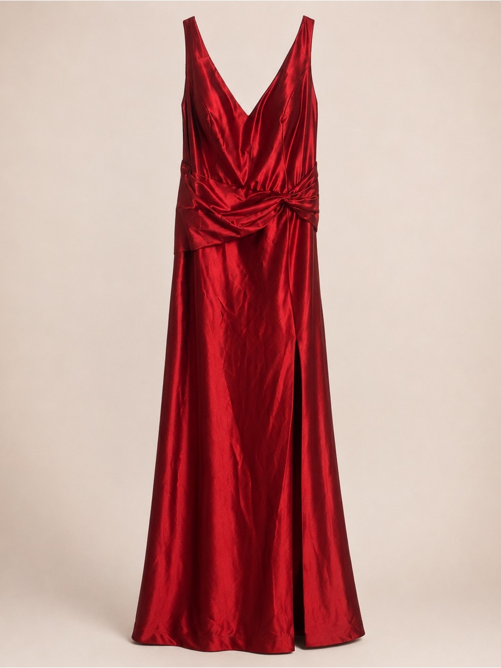 Red Satin V-Neck Prom Gown with Knotted Waist Detail